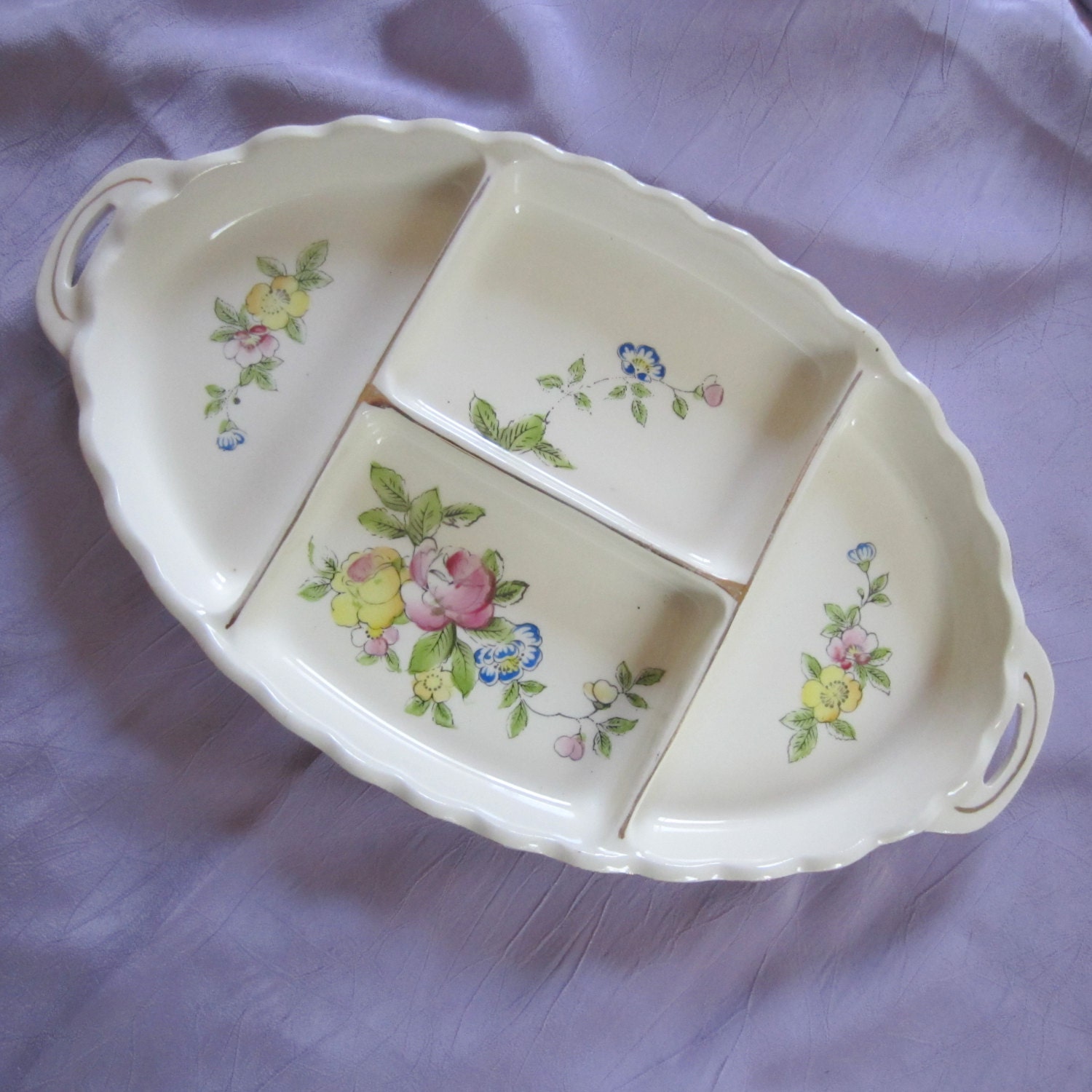 Divided Dresser Tray Vanity Tray Floral Pottery Gold Trimmed Etsy