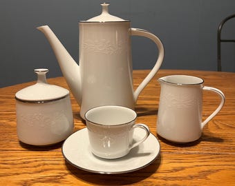Vintage Noritake Reina 6450Q Tea Set (6)  | 1970s Japan Fine China Teapot Sugar Creamer Cup Saucer Set | White Embossed Floral Platinum Trim