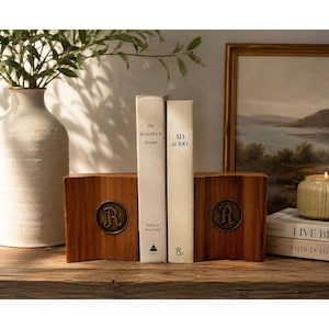 Vintage Wood Bookends Brass Initial R Medallion Mid Century Library Decor Pair