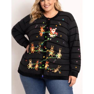 Jack B. Quick Christmas Cardigan Womens Plus Black Excellent Santa Reindeer