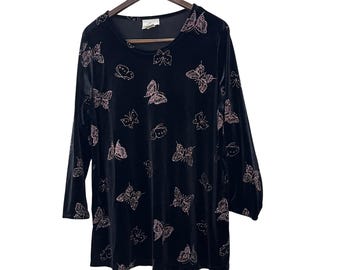 Fashion Bug Tunic Top Womens XL Black Good Velvet Glitter Butterfly Long Sleeve