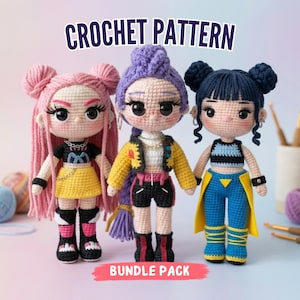 Paquete de patrones de amigurumi Kpop, patrón de muñeca de ganchillo Zoey Rumi Mira en PDF, muñecas amigurumi Kpop, conjunto de muñecas de ganchillo Hunters