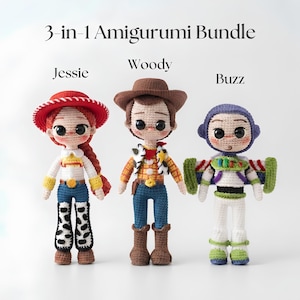 May include: A 3-in-1 Amigurumi Bundle featuring three crocheted dolls: Jessie with a red hat and braided hair, Woody with a brown cowboy hat and vest, and Buzz with a purple hood and green wings. Each doll has large black eyes and stitched details.