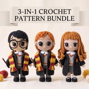 May include: Three amigurumi dolls featuring crochet designs of characters with black, orange, and brown yarn hair. Each doll wears a grey sweater, a black robe, and a yellow and maroon scarf. The text 3-IN-1 CROCHET PATTERN BUNDLE is displayed above.