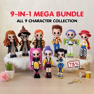 May include: Nine crocheted dolls featuring various character designs, including figures with brown hair, wizard robes, cowboy attire, and space-themed suits. The text 9-IN-1 MEGA BUNDLE ALL 9 CHARACTER COLLECTION is displayed above the dolls in red and black.