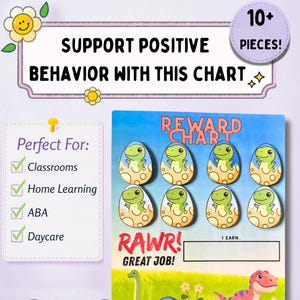 May include: A colorful reward chart with dinosaur egg-shaped magnets. The chart reads "Support Positive Behavior With This Chart" and "Reward Chart." Includes the text "RAWR! GREAT JOB!" and "10+ Pieces!" Perfect for classrooms, home learning, ABA, and daycare.