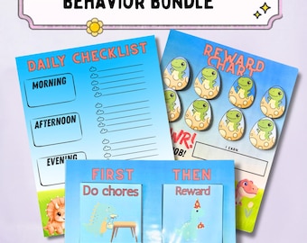 Dinosaur Behavior Support Bundle | Daily Checklist, Reward Chart, First Then Board
