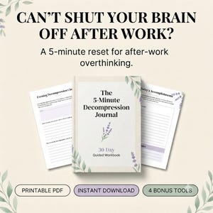 May include: A guided journal titled The 5-Minute Decompression Journal with a lavender illustration on the cover, accompanied by two open pages showing an Evening Decompression Checklist and Today's Accomplishments, plus text about a 5-minute reset.