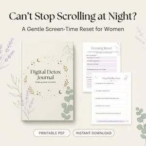 May include: A Digital Detox Journal with a cream cover featuring gold celestial icons and botanical illustrations. Two printable pages titled Evening Reset and Final Reflection are displayed alongside the journal, all decorated with lavender sprigs.
