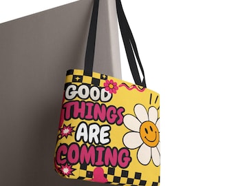 Bolso de tela "Good Things Are Coming" / Arte pop de margaritas sonrientes