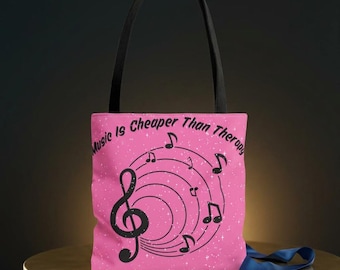 Bolso de tela con el diseño "La música es más barata que la terapia" / Diseño en espiral con notas musicales.