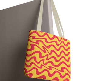 Bolso tote amarillo y rosa con estampado ondulado / Estampado abstracto de ondas por toda la prenda