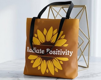 Bolso de tela con diseño de girasol "Irradia positividad" / cita floral amarilla
