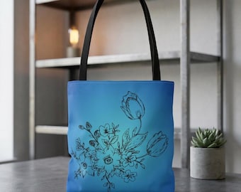 Bolso tote con diseño floral azul / Ramo de tulipanes dibujado a mano