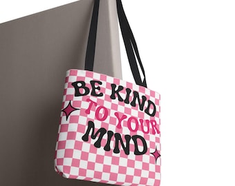 Bolso de tela "Sé amable contigo mismo" / Tipografía rosa a cuadros sobre salud mental