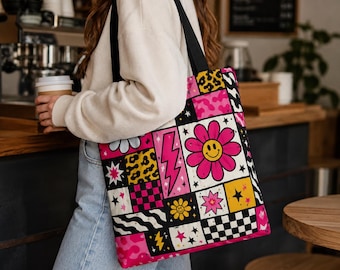 Bolso tote retro con estampado de margaritas sonrientes y retazos / Cuadros de relámpagos rosas