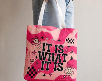 Bolso tote "It Is What It Is" / Estampado de cuadros florales retro rosa