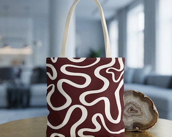 Bolso tote con estampado abstracto de líneas onduladas blancas / Estampado integral burdeos