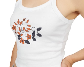 Camiseta sin mangas con estampado floral / Camiseta ajustada de tirantes finos de mezcla de algodón