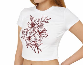 Camiseta de bebé color granate con estampado de ramo de lirios dibujado a mano / Top con boceto floral
