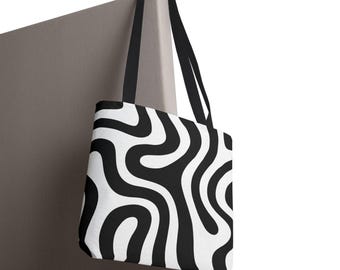 Bolso tote con estampado abstracto ondulado en blanco y negro
