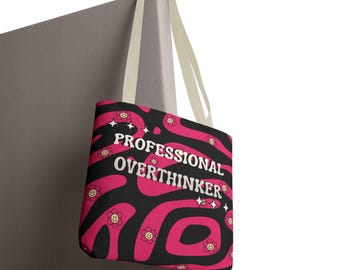 Bolso tote "Profesional que piensa demasiado" / Estampado rosa y negro, motivo floral
