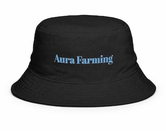 Sombrero tipo pescador bordado de Aura Farming, sombrero de sol de sarga de algodón, accesorio de estilo urbano para festivales.