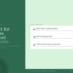 May include: A graphic with text that reads "Built for homeschool parents." The text is in white on a dark green background. The graphic also includes the phrases "Tight hips & stiff shoulders," "Zero energy by 2pm," and "I don't have time to work out."