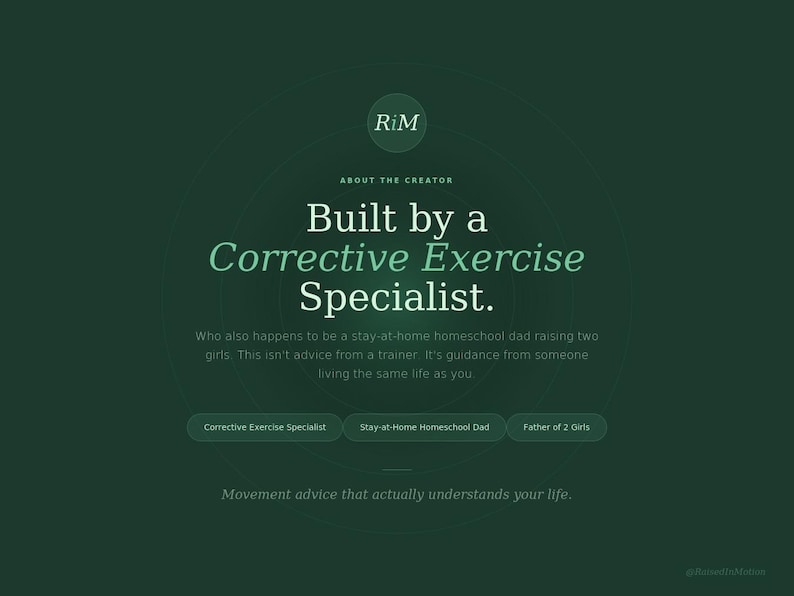 May include: Dark green graphic with the text "Built by a Corrective Exercise Specialist." Additional text states the creator is a stay-at-home homeschool dad raising two girls. Includes the phrases "Corrective Exercise Specialist", "Stay-at-Home Homeschool Dad", and "Father of 2 Girls".