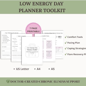 Könnte beinhalten: Ein 7-seitiges, druckbares Planer-Toolkit für Tage mit wenig Energie, mit Vorlagen für To-Do-Listen, Kapazitäts-Checklisten und Entscheidungshelfern. Verfügbar in US Letter, A4 und A5. Text: Doctor-Created Chronic Illness Support.