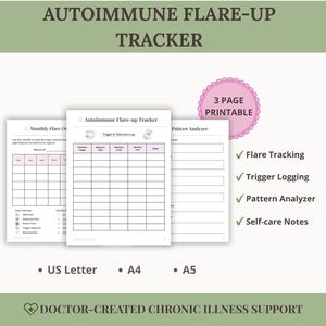 May include: A three-page printable Autoimmune Flare-up Tracker set including a Monthly Flare Overview, Trigger & Tolerance Log, and Pattern Analyzer. The documents feature tables for tracking symptoms, triggers, and self-care notes, available in US Letter, A4, and A5 sizes.