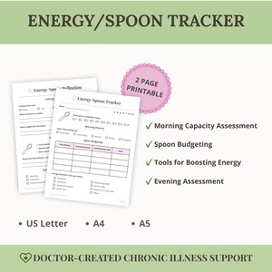 May include: Two-page printable energy and spoon tracker. The design includes two white sheets with the text "Energy Spoon Tracker" and "Energy Spoon Reflection". The pink label says "2 PAGE PRINTABLE". The tracker includes sections for morning capacity assessment, spoon budgeting, and evening assessment.