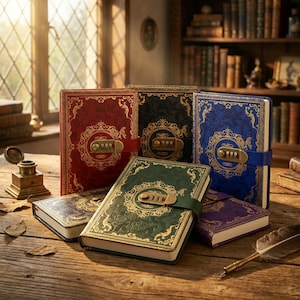 May include: A collection of ornate journals in various colors, including red, black, blue, green, and purple. Each journal features a combination lock and gold-colored decorative accents. The journals are arranged on a wooden surface.