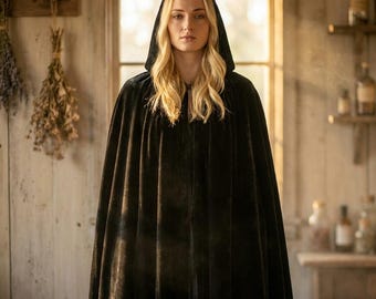 Fluwelen cape met capuchon over de volledige lengte uniseks ritueel gewaad hemelse heks kostuum Samhain Yule cadeau Cottagecore donkere mantel met capuchon
