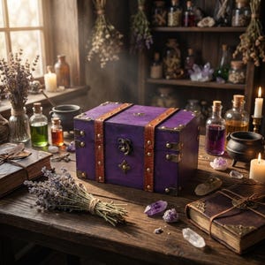 May include: A purple wooden chest with brown leather straps and brass hardware sits on a wooden table. The chest is surrounded by books, bottles of potions, crystals, and bundles of dried herbs, creating a mystical aesthetic. Lit candles and a window in the background add to the ambiance.