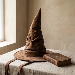 Puede incluir: Un sombrero marrón de mago con ala ancha y corona alta y puntiaguda. El sombrero está hecho de un material suave y texturizado y tiene un aspecto ligeramente arrugado. Un libro antiguo con una cubierta desgastada está al lado del sombrero. El sombrero tiene lazos largos y marrones.