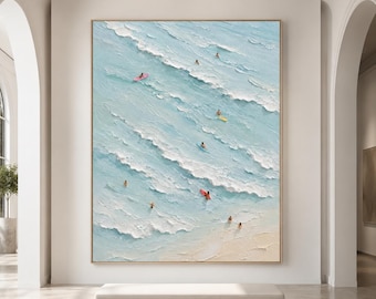 Ocean Surfing Oil Painting, Surfing Wall Art, Ocean Wave Oil Painting, Aerial Sea View Artwork, Coastal Beach House Decor, Surfer Gift