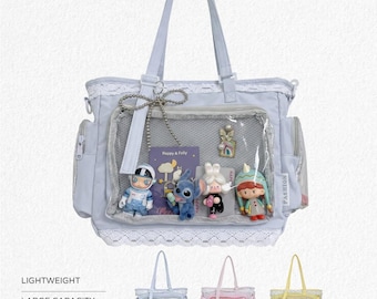 Nylon Ita Bag, Y2K Clear Display Crossbody Lightweight bag with Two side pockets, Pin Display, ItaBag, Large Daily School Bag, Shoulder bag