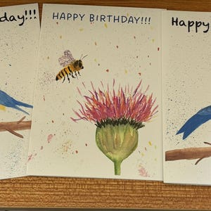 Set of 5 Original Design Watercolor Birthday Cards with Envelopes, 5 x 7”, set#1