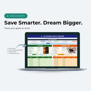 May include: A laptop displays a Google Sheets savings goals tracker. The screen shows a spreadsheet with financial data, including goal amounts, progress bars, and a section for tracking multiple goals. Text on the screen reads "Save Smarter. Dream Bigger."