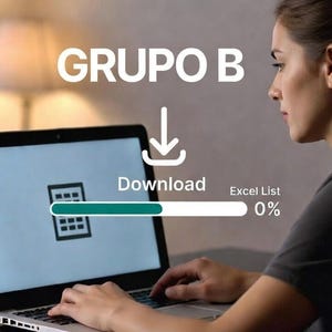 Puede incluir: Una persona usa una computadora portátil. La pantalla muestra el texto "GRUPO B" y una barra de progreso de descarga para una lista de Excel, actualmente al 0%. También se ven un icono de descarga y la palabra "Download".