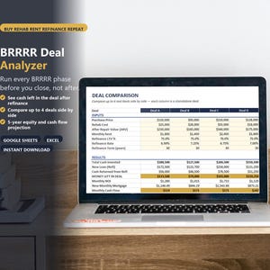 Może przedstawiać: Ekran laptopa wyświetlający arkusz kalkulacyjny BRRRR Deal Analyzer z kolumnami dla transakcji A, B, C i D. Interfejs zawiera pola wprowadzania ceny zakupu, kosztów remontu i wartości po remoncie oraz wyniki dotyczące przepływów pieniężnych.