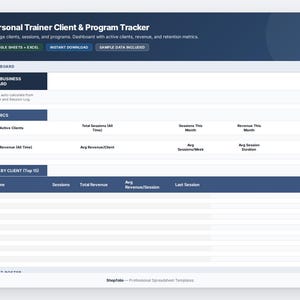 Personal Trainer Client Tracker Spreadsheet, Fitness Business Session Log Revenue Tracker Workout Program Google Sheets Excel