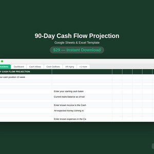 Feuille de calcul de prévisions de trésorerie sur 13 semaines, projection de trésorerie pour petites entreprises, calculatrice de piste vieillissante RA, feuilles de calcul Google Excel