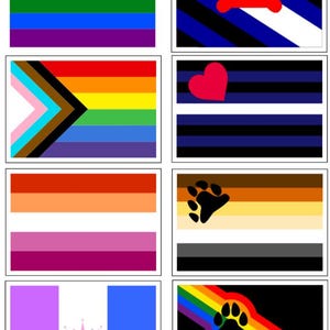 May include: A collection of eight rectangular flags featuring various designs including horizontal stripes in rainbow colors, a progress pride flag, a lesbian pride flag, a light purple and blue flag with a crown, and flags with bone and paw prints.