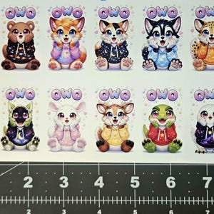 Puede incluir: Hoja de pegatinas con animales de dibujos animados con ojos grandes, que llevan sudaderas con capucha. La palabra "owo" está encima de cada animal en una fuente de burbujas. Los animales incluyen un oso, un zorro, un gato, un husky, un guepardo y otros.