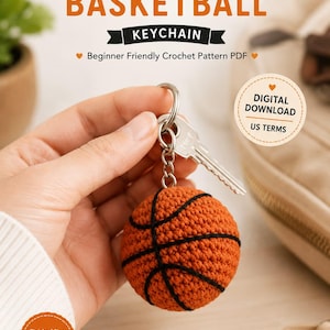 Virkmönster för mini-basketbollsnyckelring i PDF-format | Nybörjarvänlig amigurumi-handledning | Digital nedladdning av sportgåva