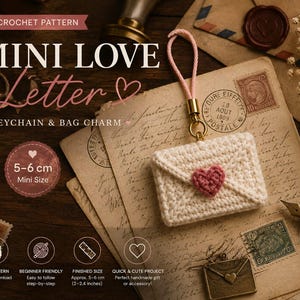 May include: A cream-colored crochet envelope keychain with a small pink heart accent on the flap, attached to a pink cord loop. The text on the image reads MINI LOVE LETTER, CROCHET PATTERN, and indicates a finished size of 5-6 cm or 2-2.4 inches.