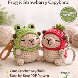 Capybara Crochet Pattern | 2-in-1 Frog, Strawberry Amigurumi Keychain (PDF Download)
