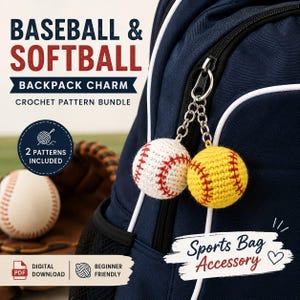 May include: A crochet pattern bundle for a baseball and softball backpack charm. The image features two small, round, crocheted balls, one white with red stitching and one yellow with red stitching, attached to a navy blue backpack zipper.